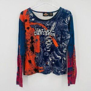 Rare Harley Davidson Sz L Navy Blue & Orange Long Sleeve Graphic T Shirt Vintage